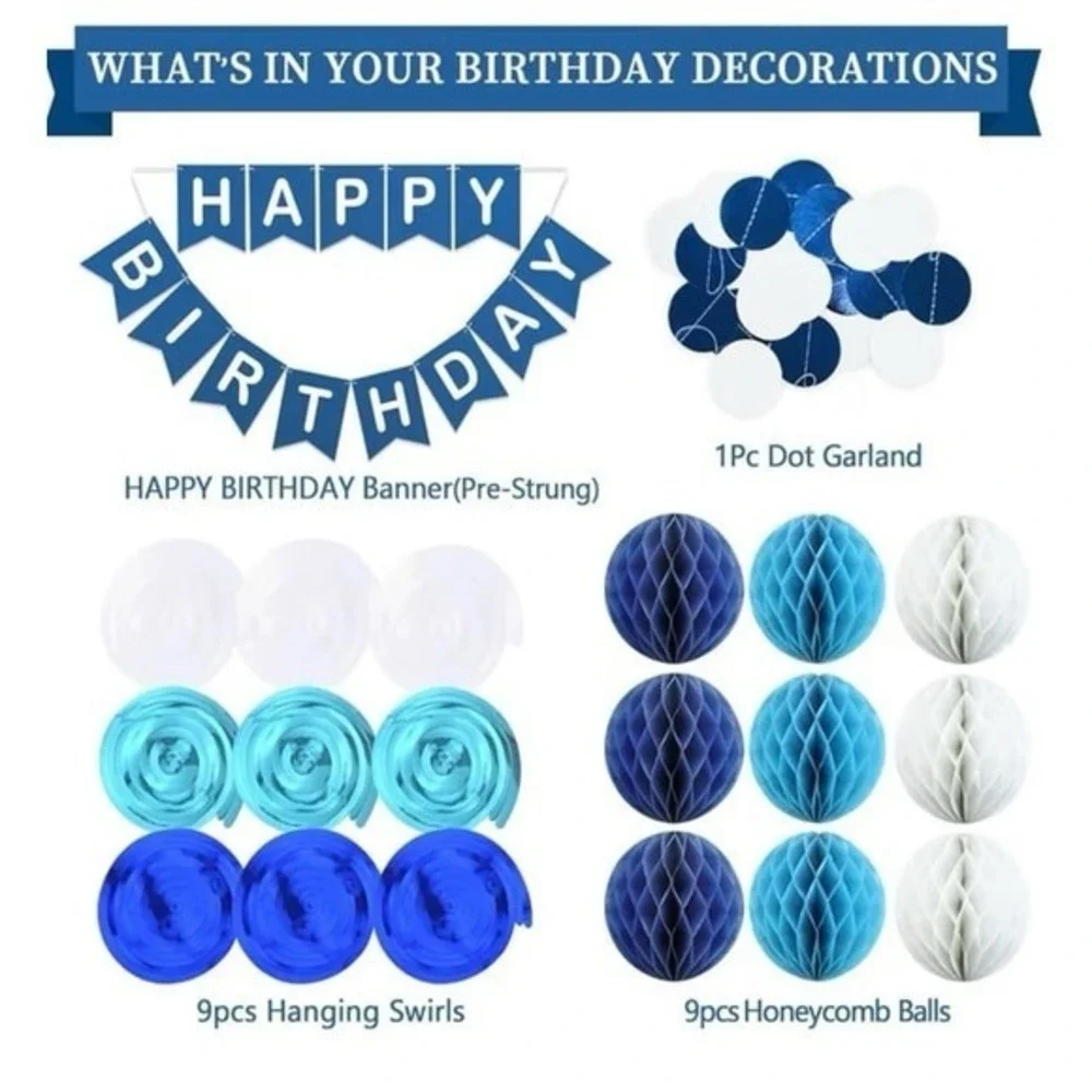 NEW‎ 17-piece navy blue and white Happy Birthday party decorations.